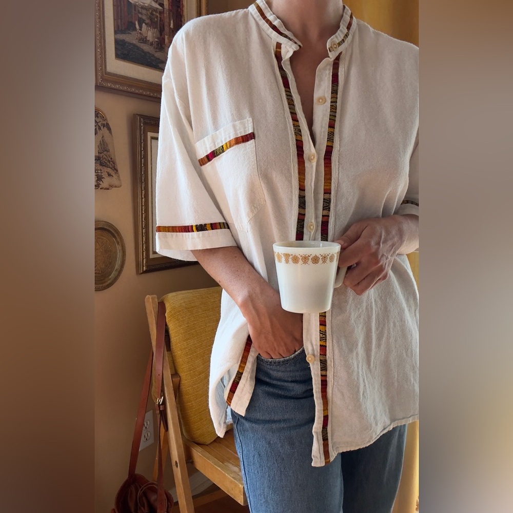 Vintage White Cotton Embroidered Trim Shirt | Festival Boho Button Down Top